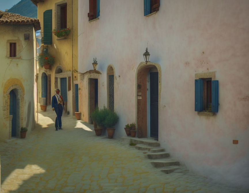 European alley with pastel-colored houses, shutters, flower pots, and lanterns