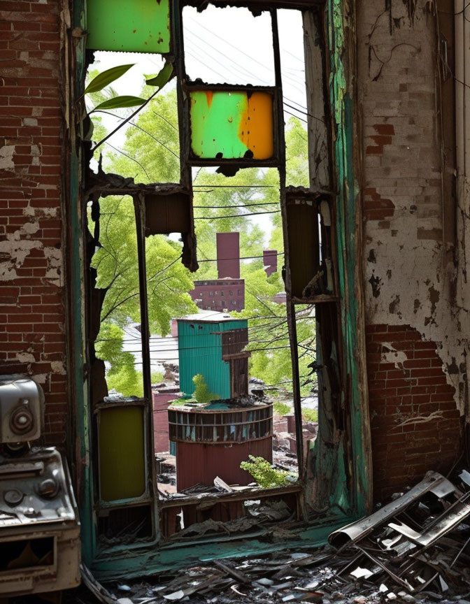 Dilapidated interior with broken colorful windows and industrial view.