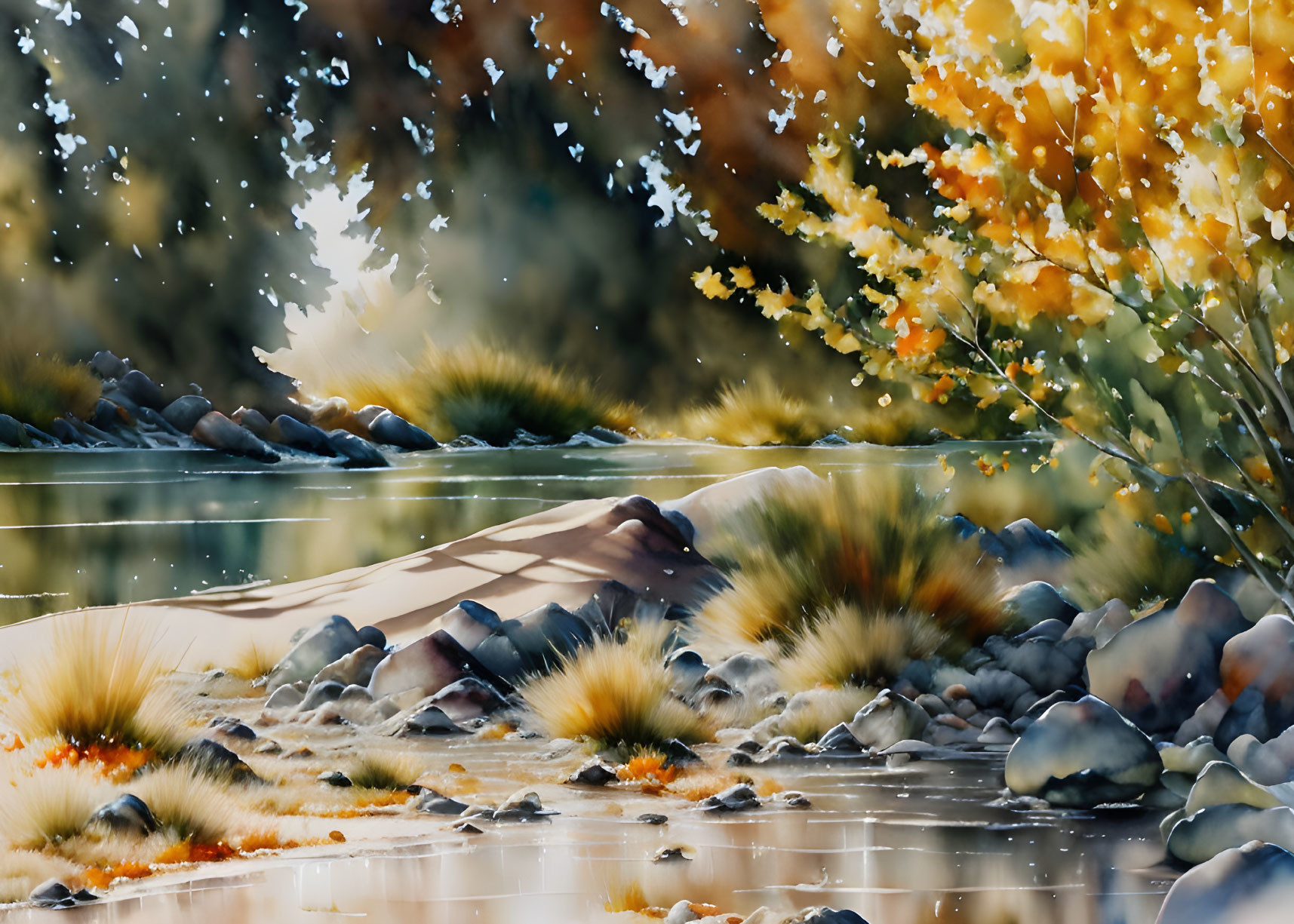 Tranquil river scene with autumn trees, rocks, and reflected light