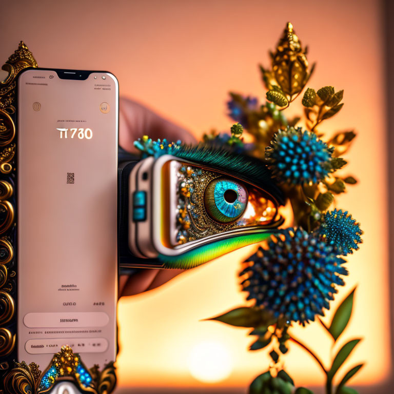 Hand holding smartphone with eye display and golden floral patterns