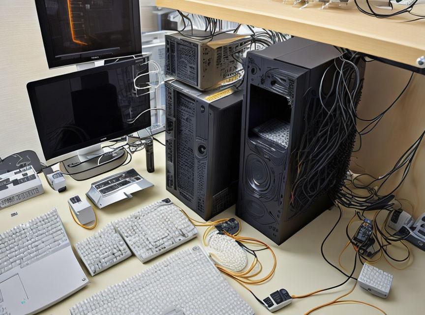 Cluttered desk with computer towers, monitors, keyboards, and tangled cables.