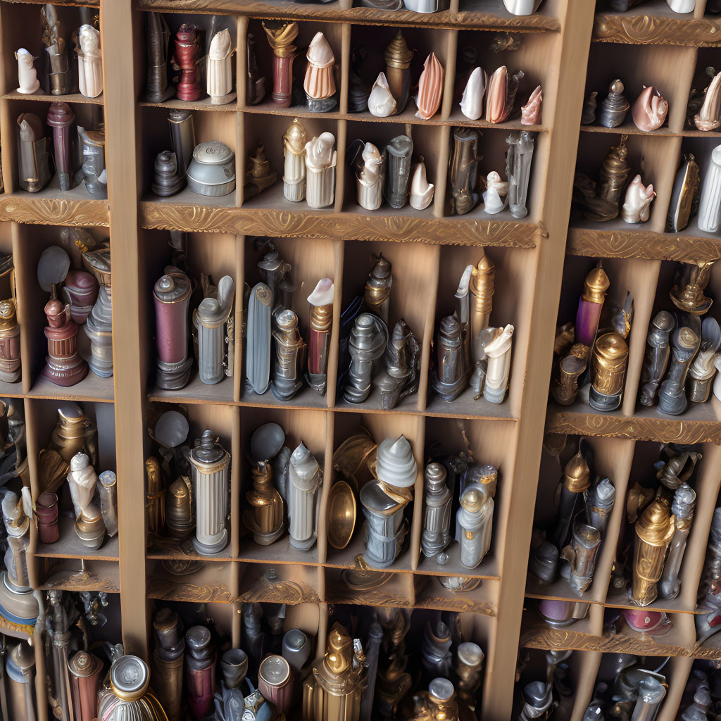 Ornate Chess Pieces on Wall-Mounted Shelf