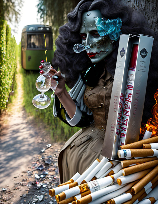 Stylized woman with painted face holding glass on cigarette-lined road.