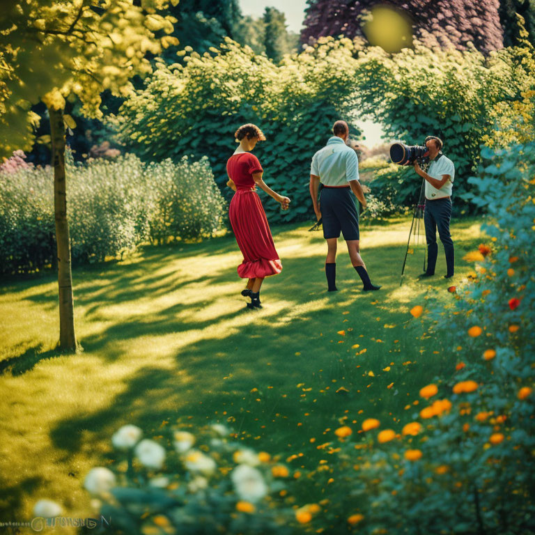 Photoshoot in lush garden with person in red dress, photographer, and others in casual attire.