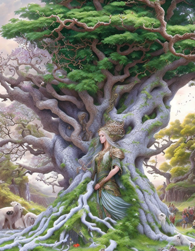 Woman blending into ancient tree in mystical forest with wildlife: a harmonious connection with nature.