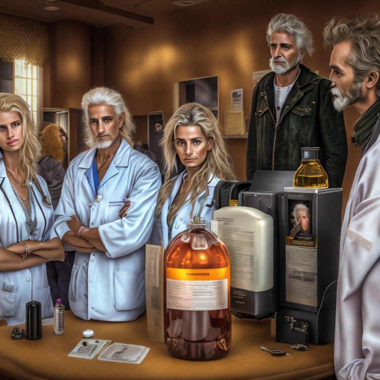 Five Individuals in Lab: Two in Biker Attire, Three in Lab Coats