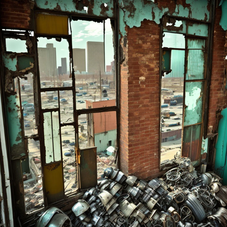 Dilapidated Building View Overlooking Cityscape & Metal Objects