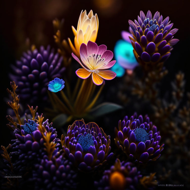 Colorful flowers against dark botanical backdrop: purple, yellow, blue petals create magical scene