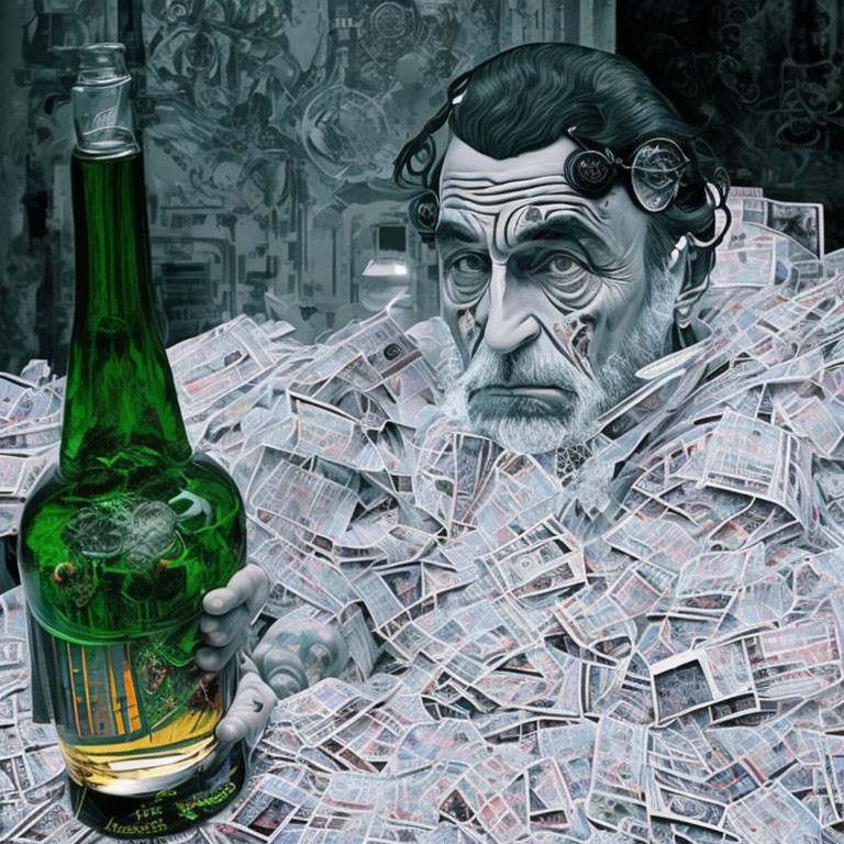 Man with Gears in Hair Holding Green Bottle Surrounded by Money and Machinery