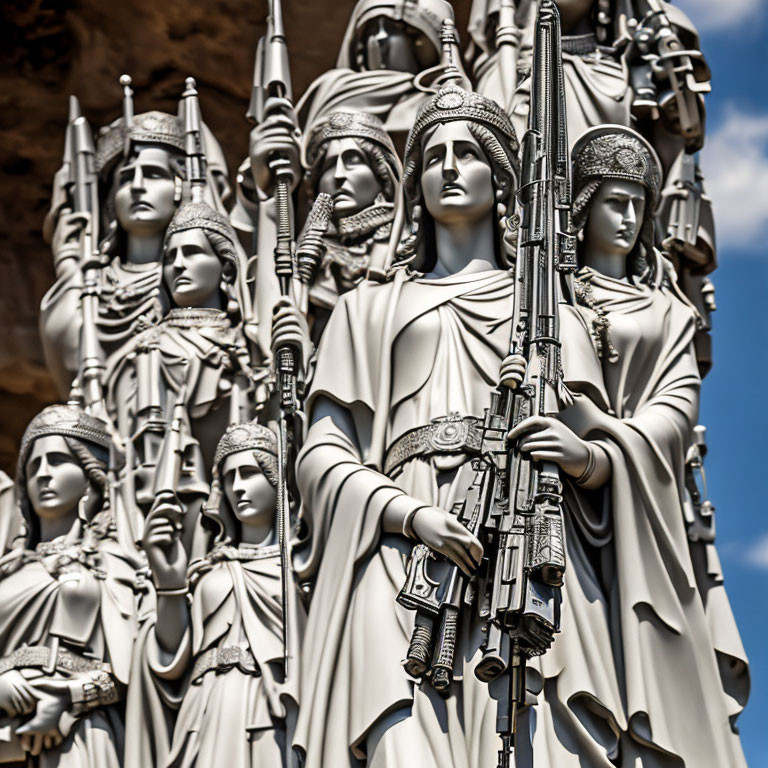 Detailed white soldier sculptures with spears under blue sky