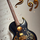 Black Electric Guitar with Gold Detailing on Musical Notes Background