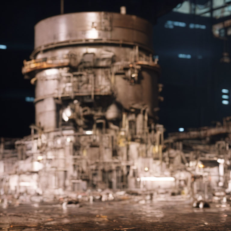 Nighttime industrial scene with large cylindrical structure and machinery.