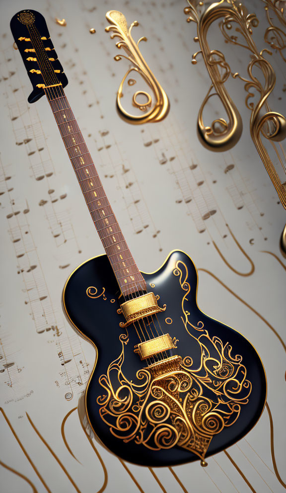 Luxurious Black Guitar with Golden Ornate Designs and Floating Musical Notes