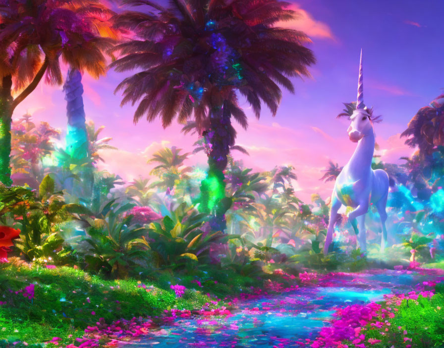 Majestic unicorn in vibrant fantasy forest with palm trees and glowing plants