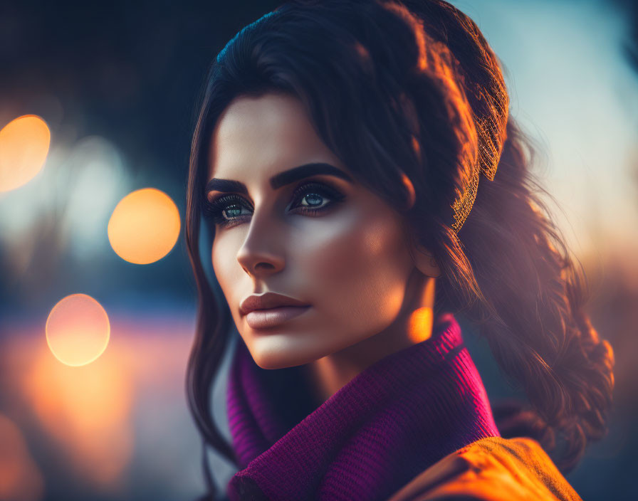 Dark-haired woman in purple scarf with striking makeup and bokeh lights