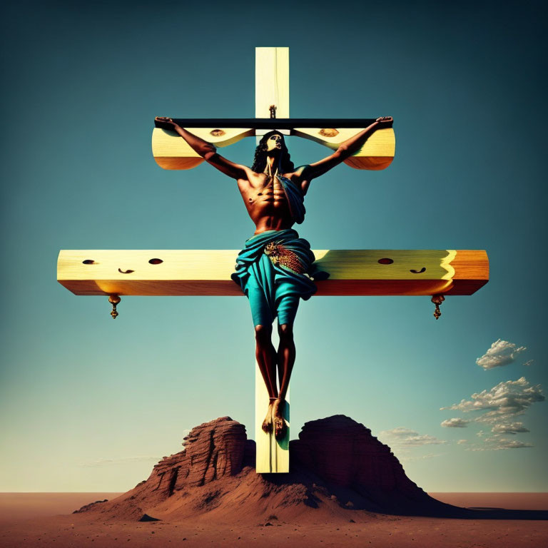 Surreal crucifixion scene with skateboard cross in desert landscape