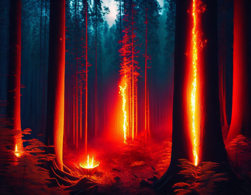 Enchanted forest scene with eerie glowing trees at night