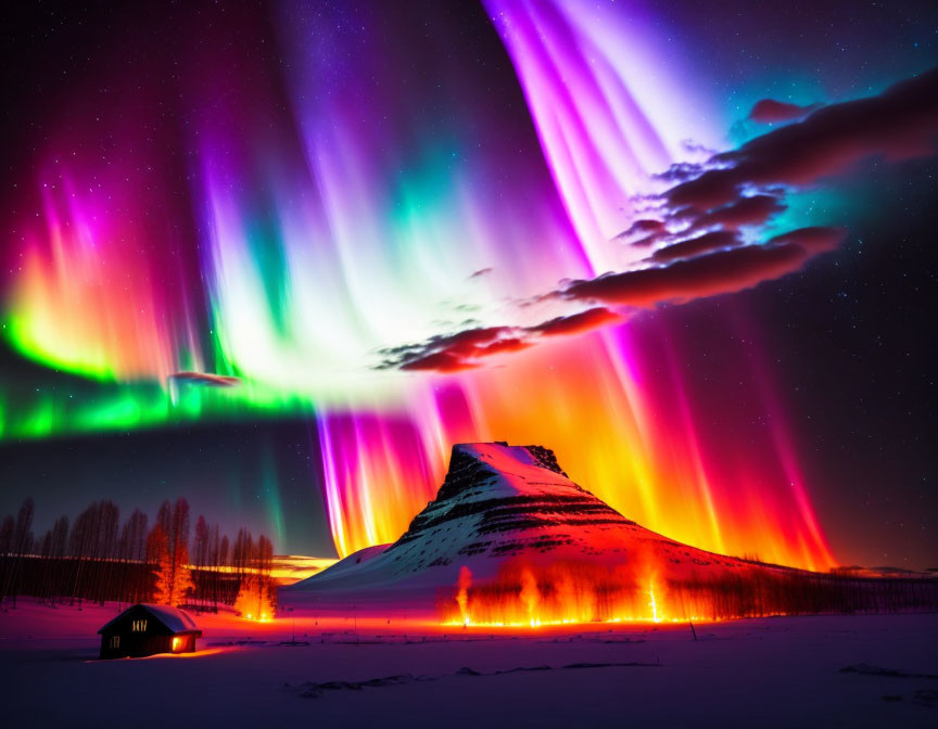 Northern Lights illuminate snowy mountain scene with buildings