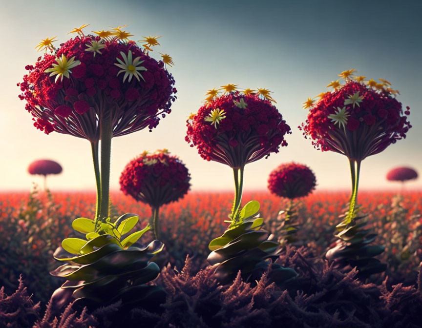 Surreal fantasy landscape with vibrant red flower trees