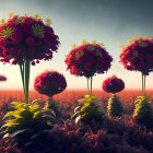 Surreal fantasy landscape with vibrant red flower trees