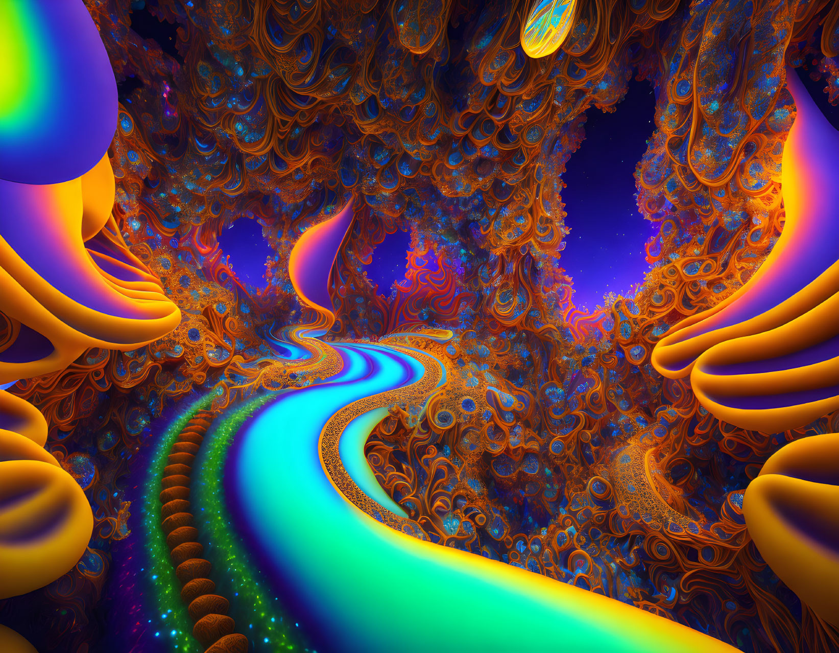 Colorful fractal landscape with swirling patterns and luminous path under starry sky