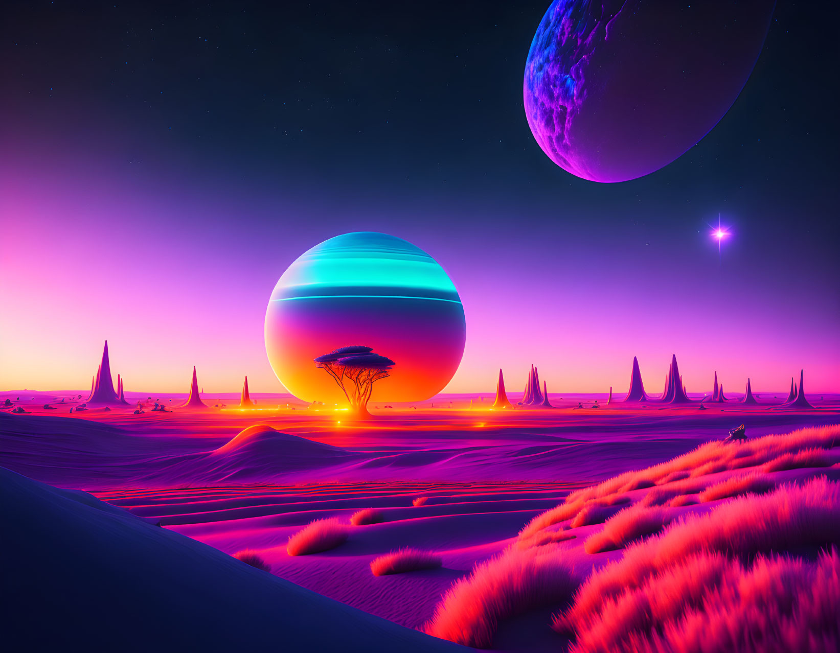 Colorful sci-fi landscape with neon sphere, planets, luminous vegetation, and purple sky.