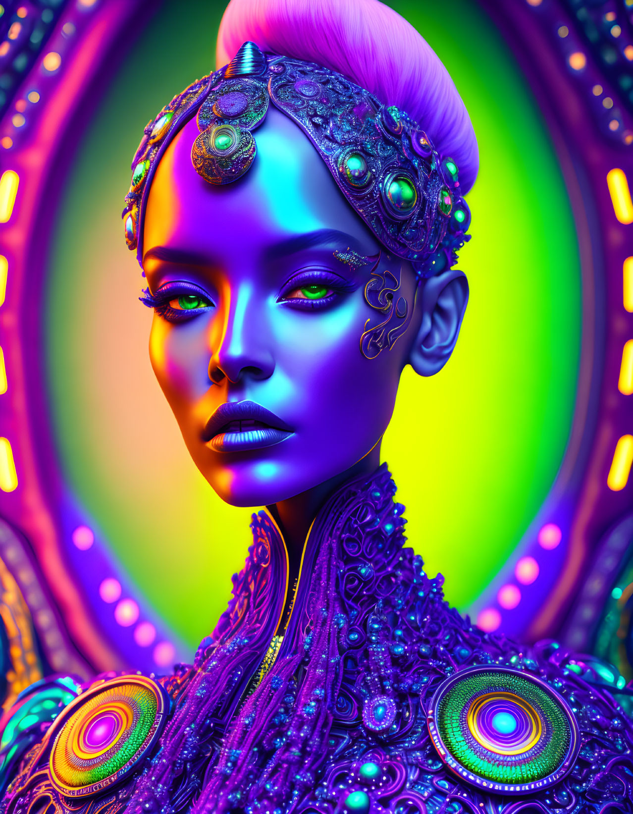 Colorful digital artwork: Female figure with purple adornments on neon backdrop