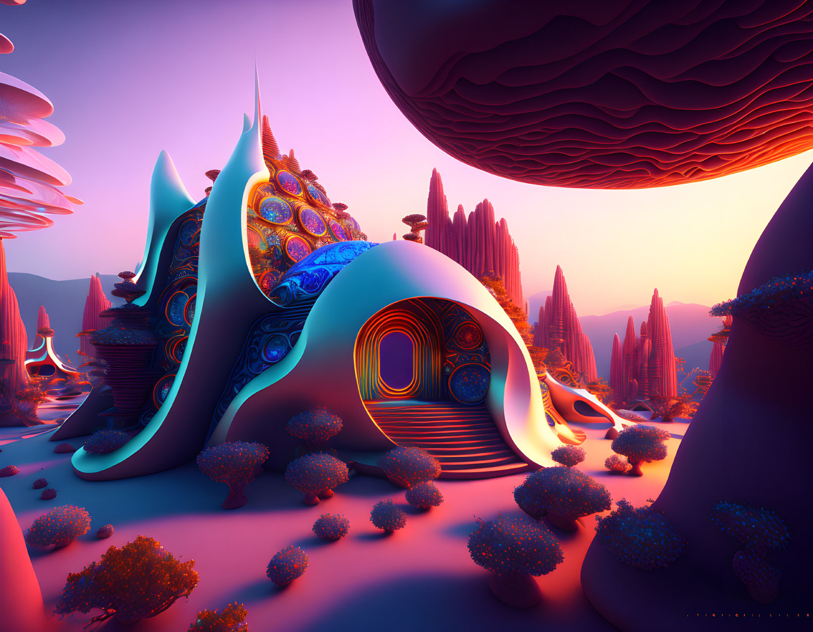 Alien landscape with organic structures and neon-lit flora under purple sky