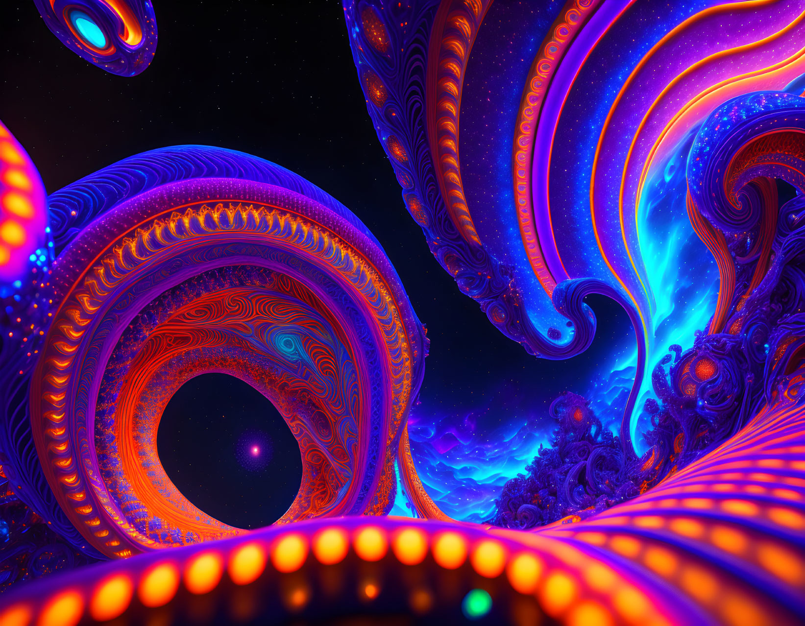 Colorful digital fractal art: Swirling blue, orange, and purple patterns depicting cosmic scene.