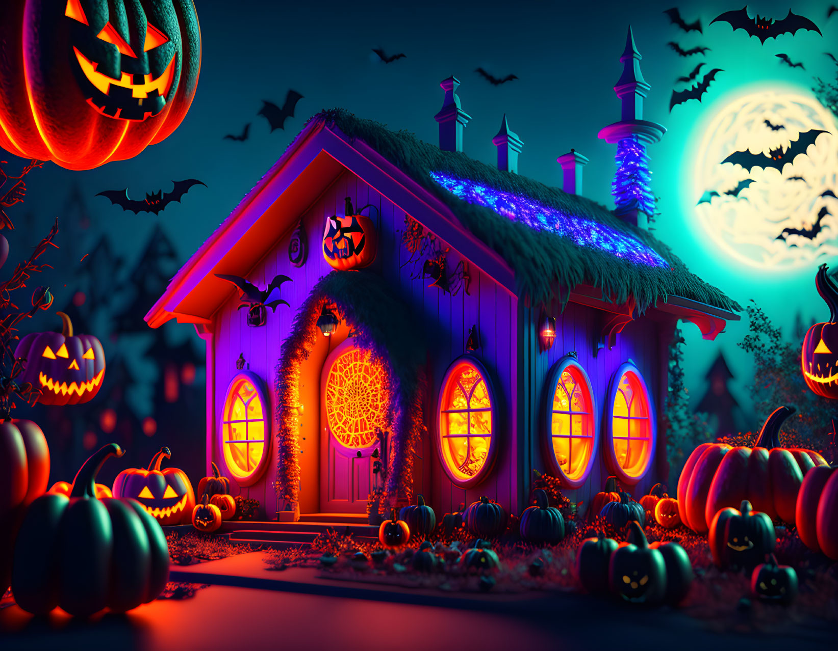 Whimsical Halloween scene with cottage, jack-o'-lanterns, and full moon