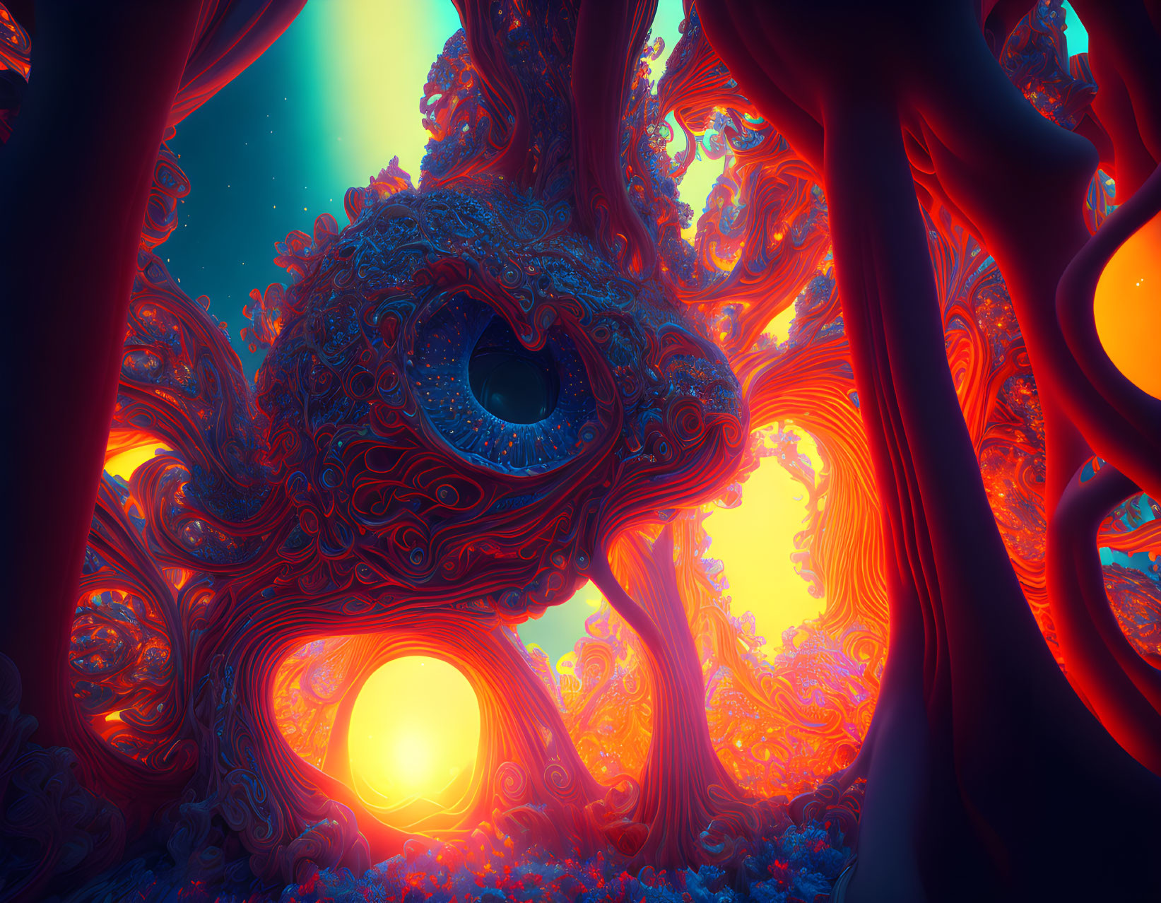 Vibrant surreal alien landscape with eye-like structure