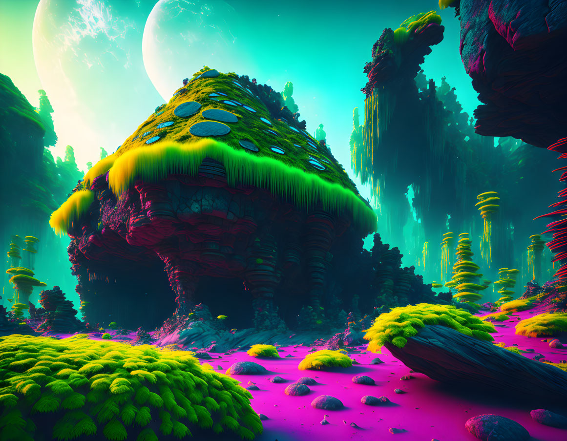 Colorful alien landscape with giant mushrooms, neon greenery, pink terrain, and celestial sky