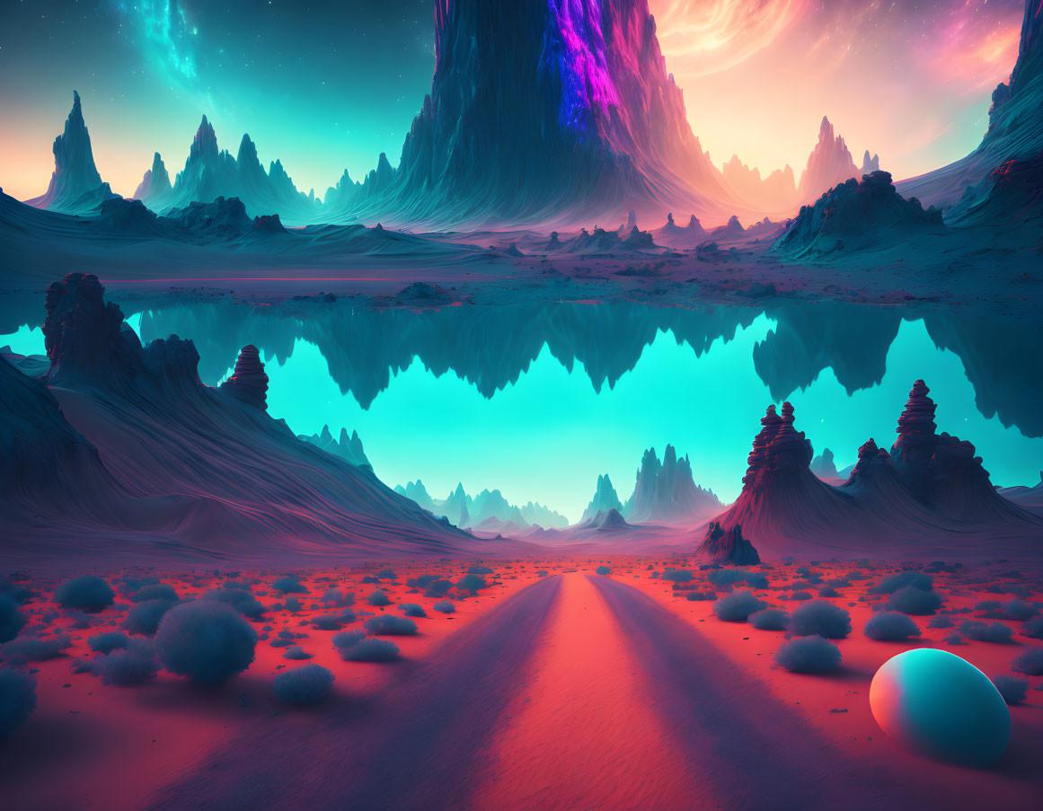 Colorful alien landscape with rock formations, lake, and mysterious orb