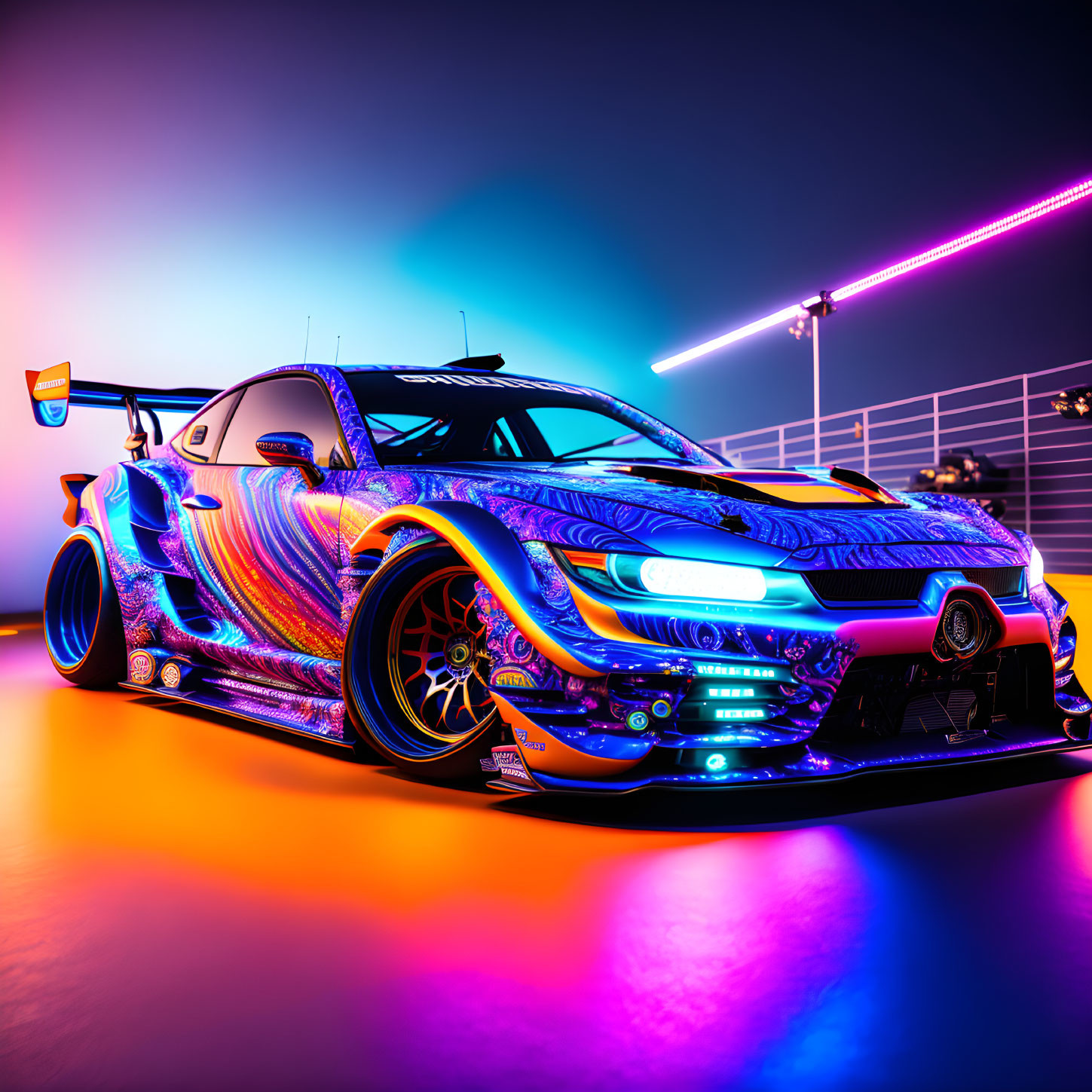 Custom sports car with vibrant colors and neon underglow in artistic wrap design