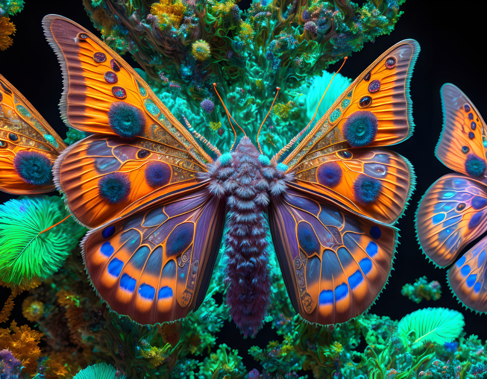 Vibrant brown and blue butterfly on colorful flora against dark background