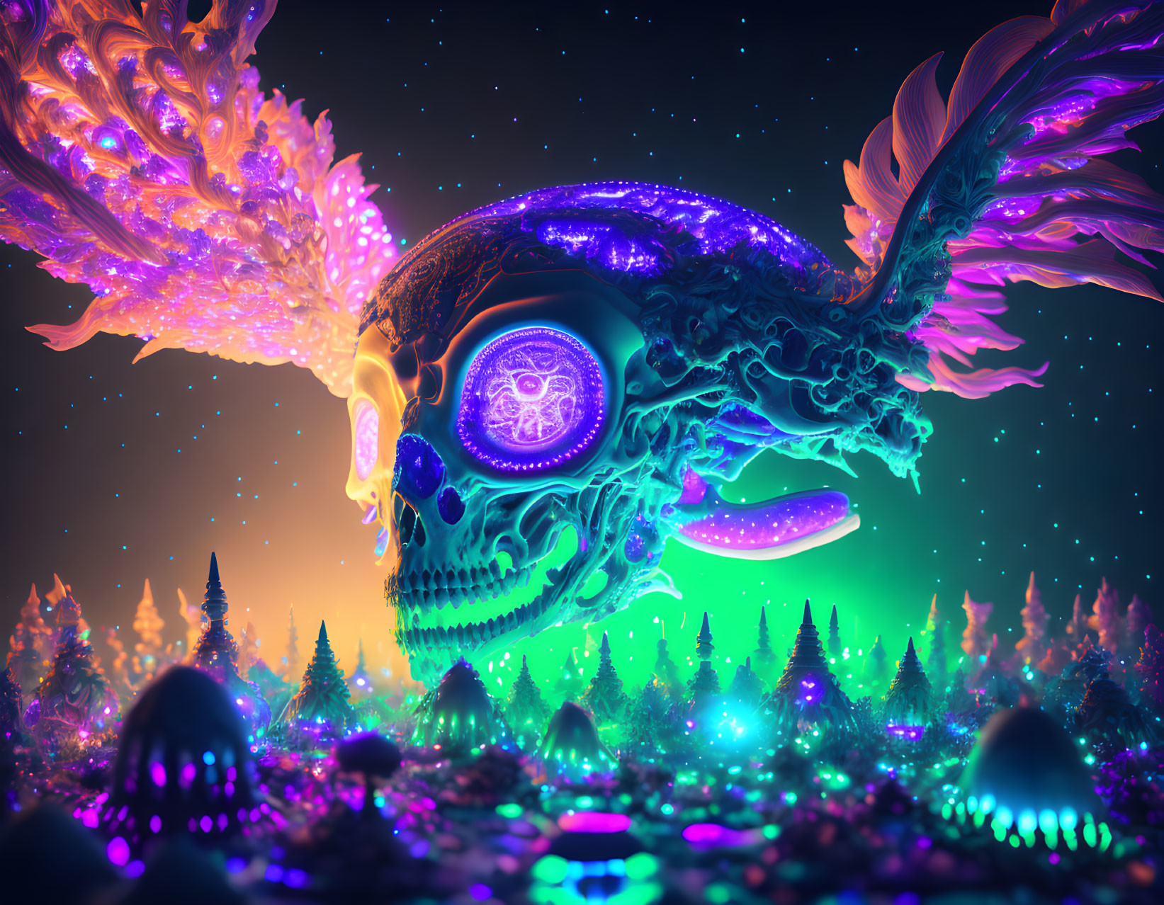 Colorful Fantastical Skull with Wing-like Structures in Neon-lit Forest Landscape