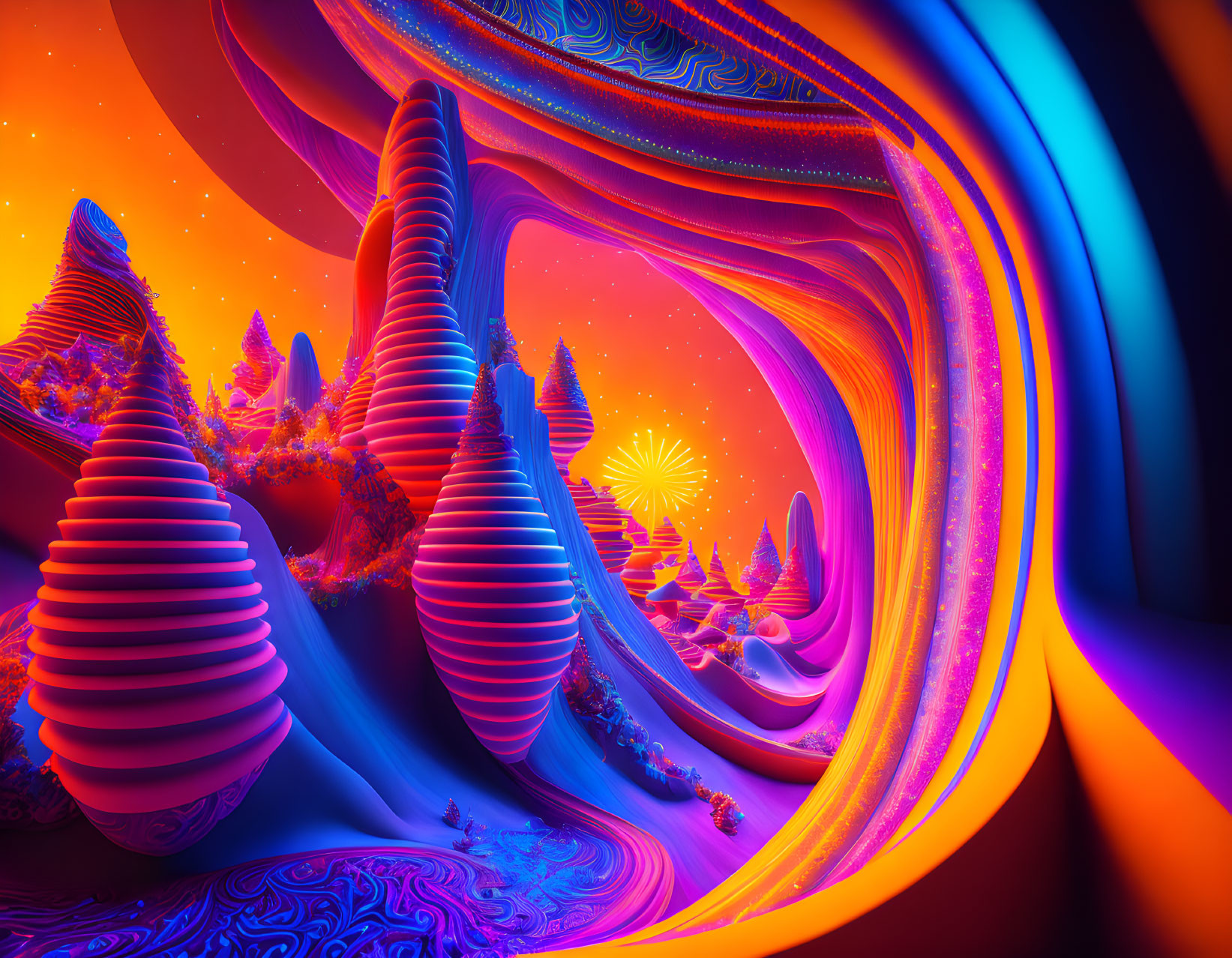 Surreal multicolored landscapes with swirling patterns under an orange sky