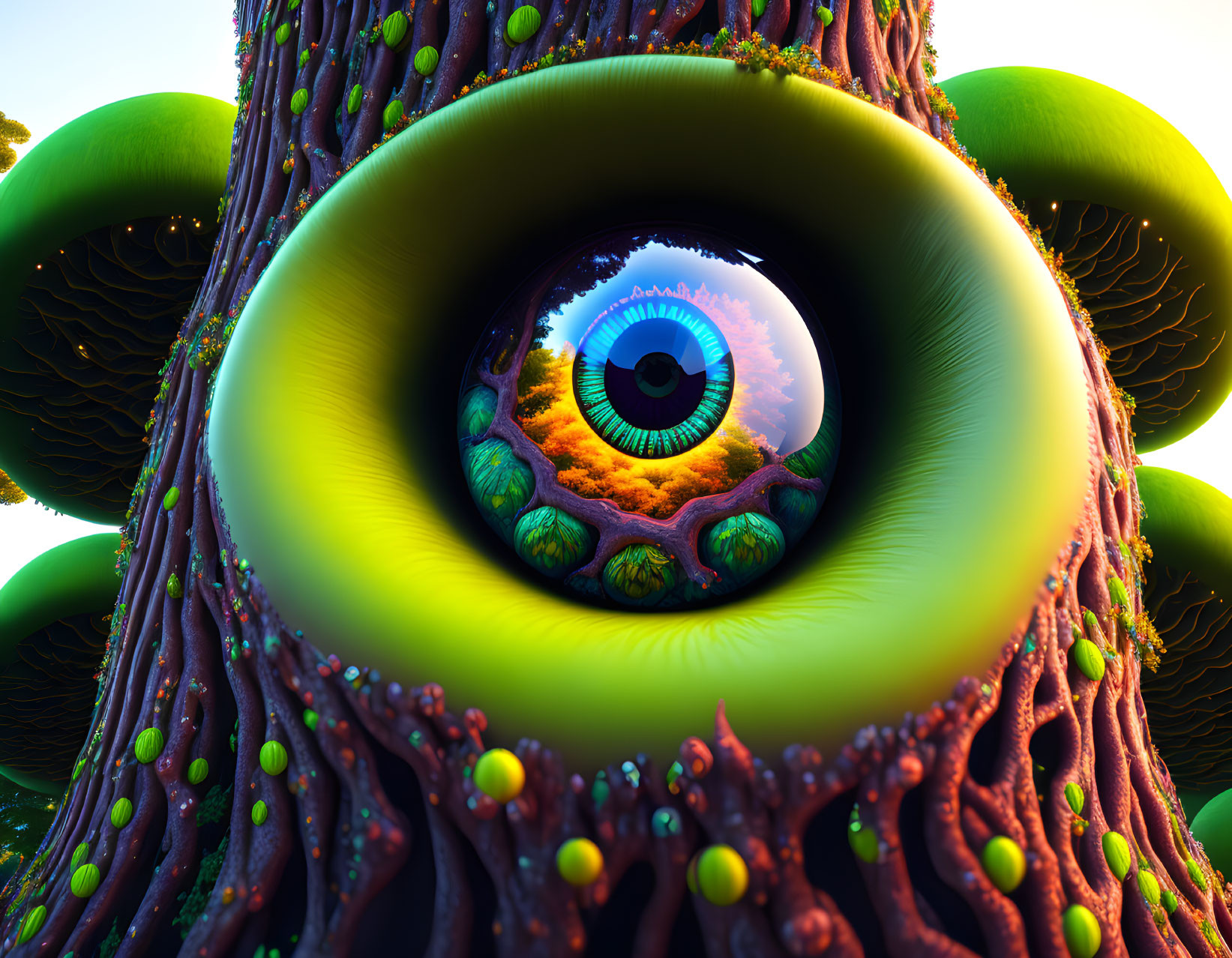 Colorful Tree Trunk with Large Embedded Eye and Vibrant Foliage