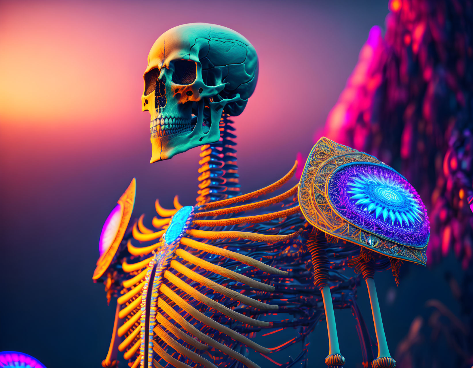 Skeleton digital artwork with shield and spears on purple-orange gradient.