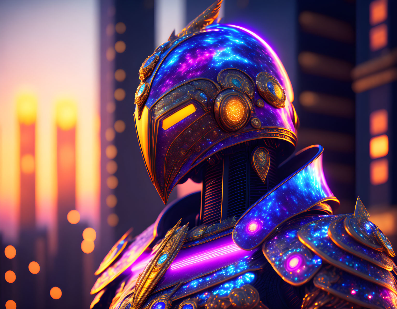 Futuristic knight in glowing blue and gold armor against cityscape at sunset