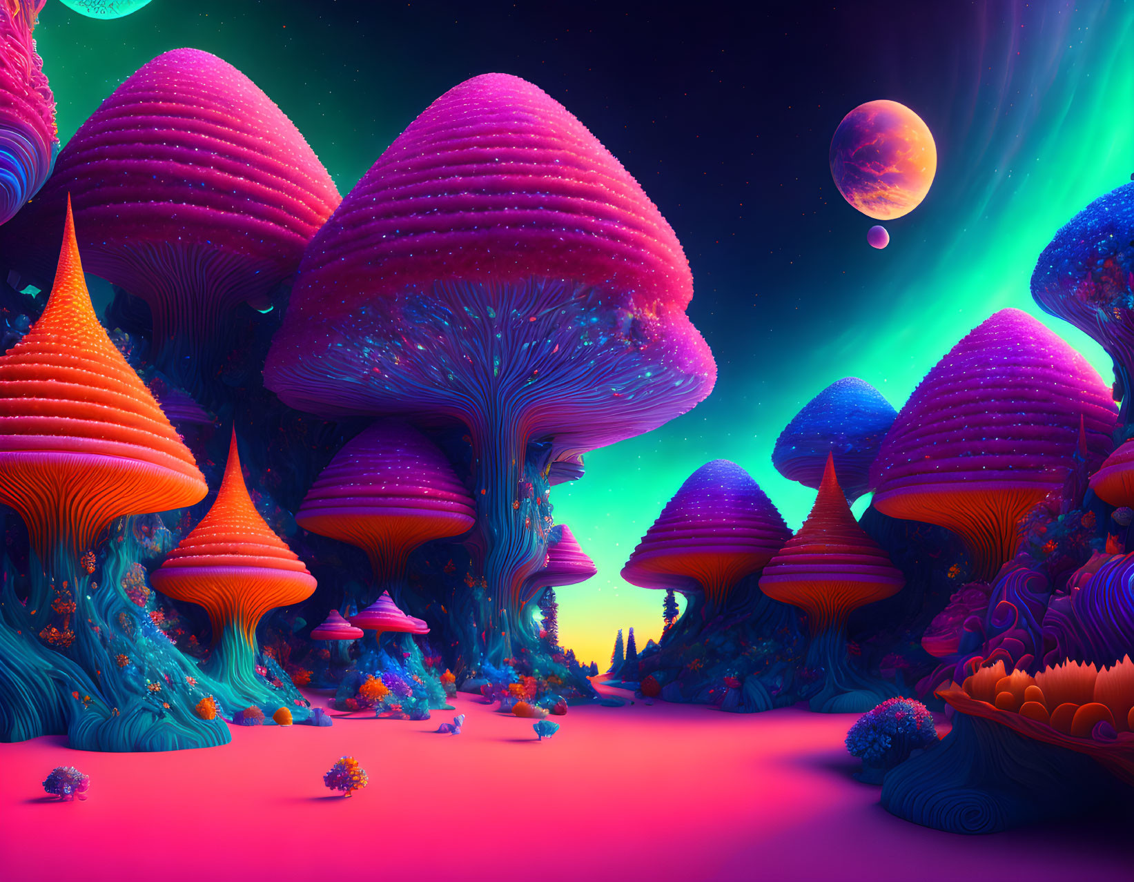 Colorful Alien Landscape with Luminescent Mushrooms and Starry Sky