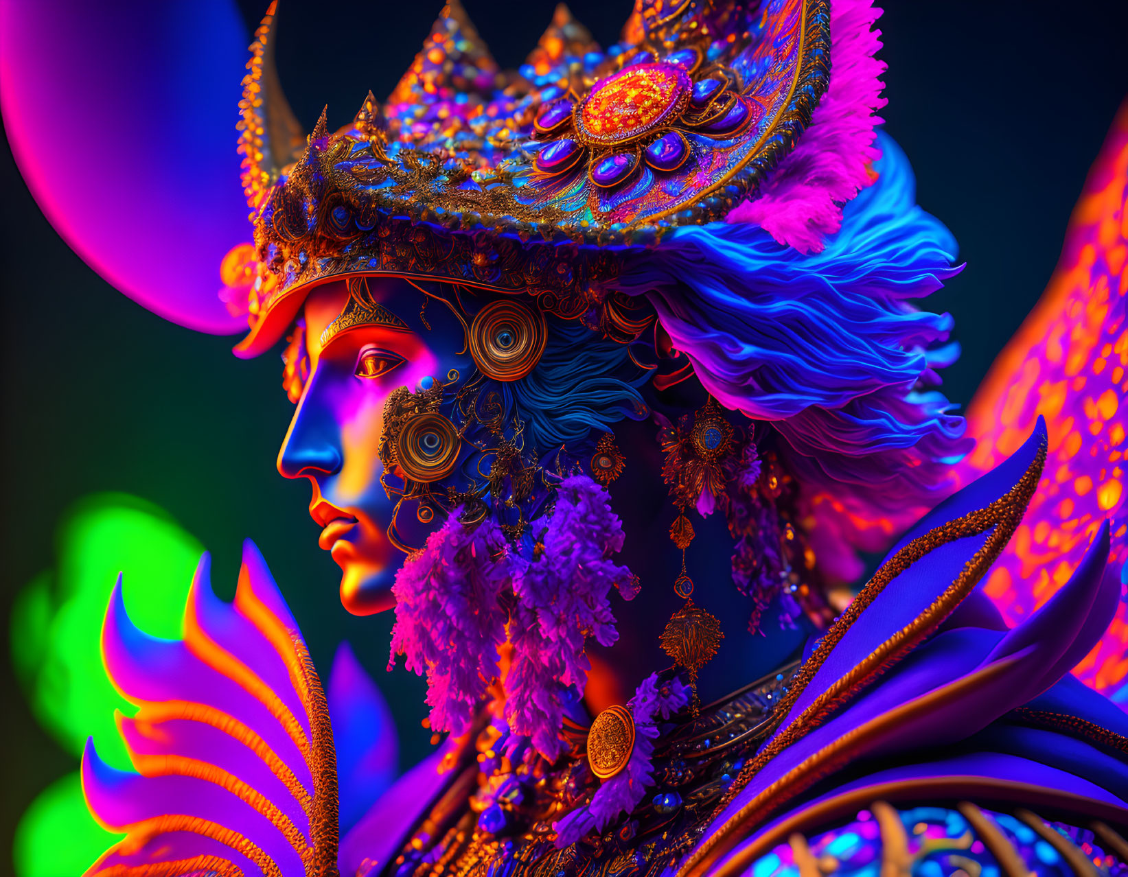 Colorful digital artwork of a character in ornate costume under neon lighting