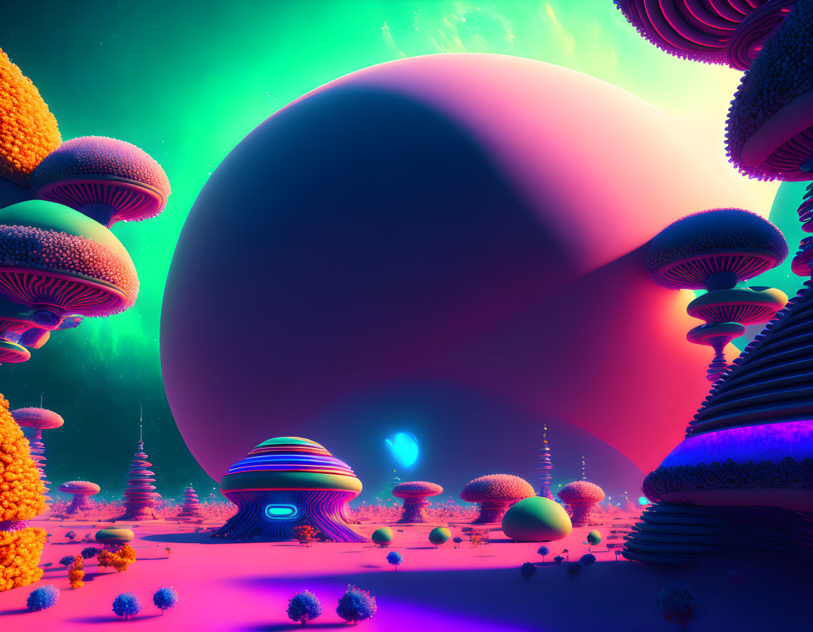 Colorful Alien Landscape with Mushroom-like Structures and Looming Planet