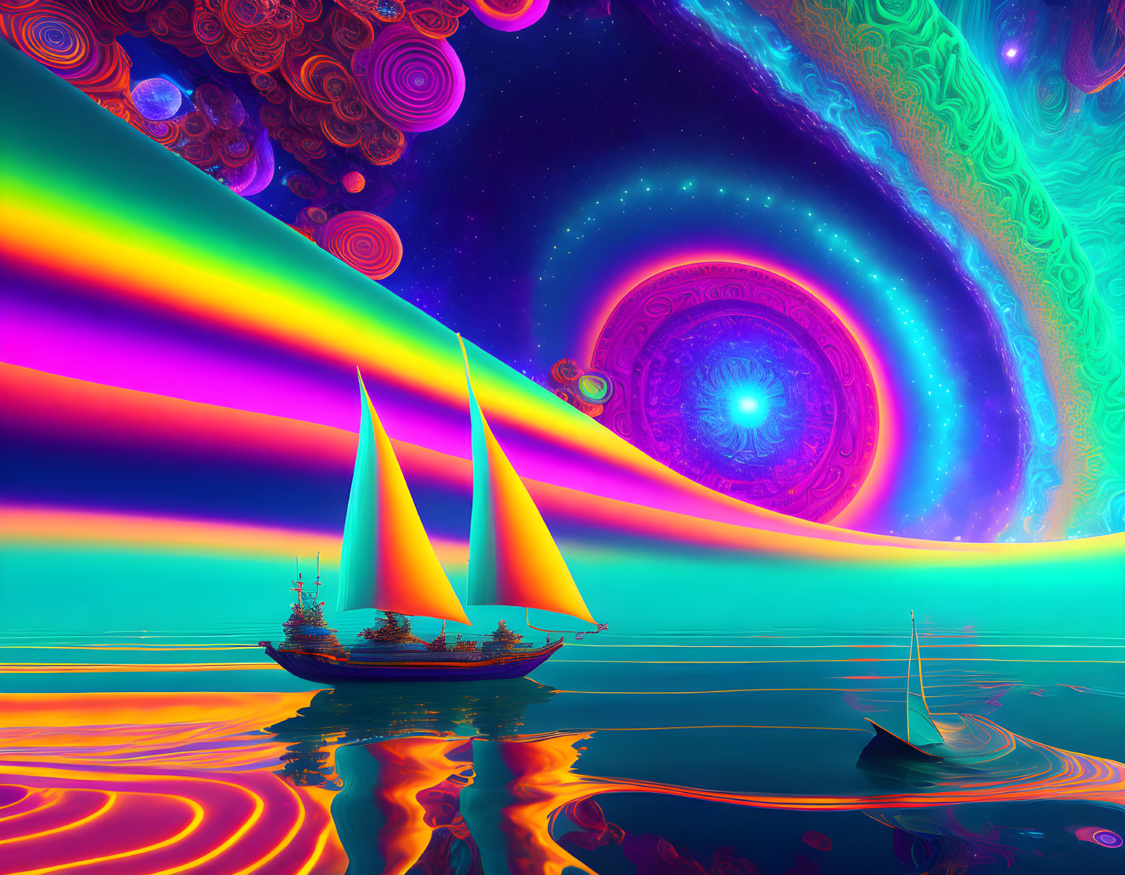 Psychedelic digital artwork: Sailboats on reflective water, cosmic backdrop