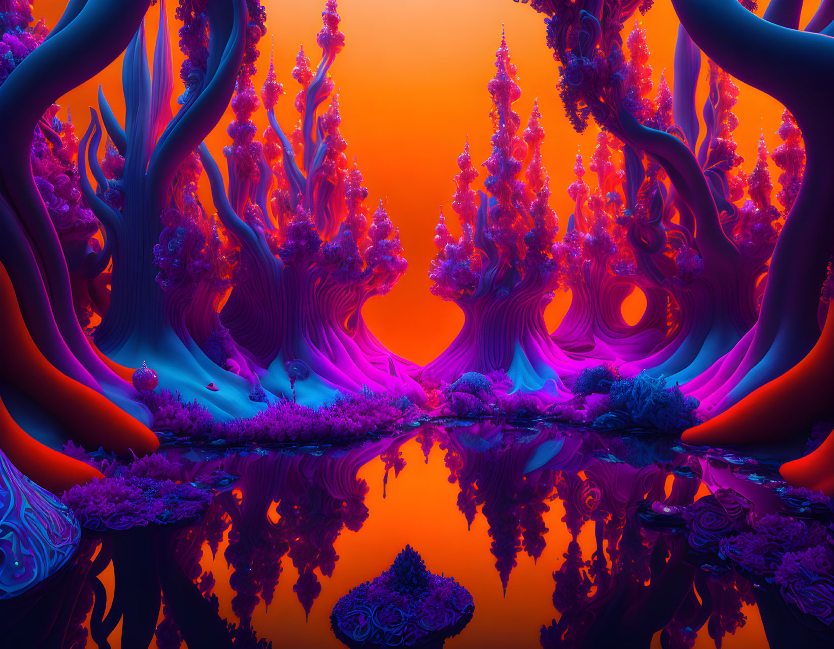 Colorful digital artwork of purple and blue trees reflecting in water under an orange sky