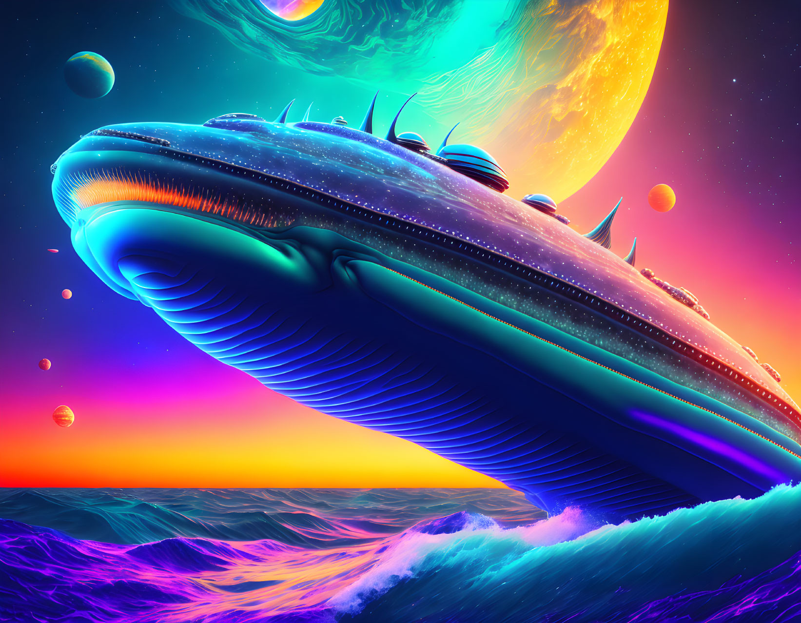 Futuristic whale-like spaceship in cosmic ocean scene