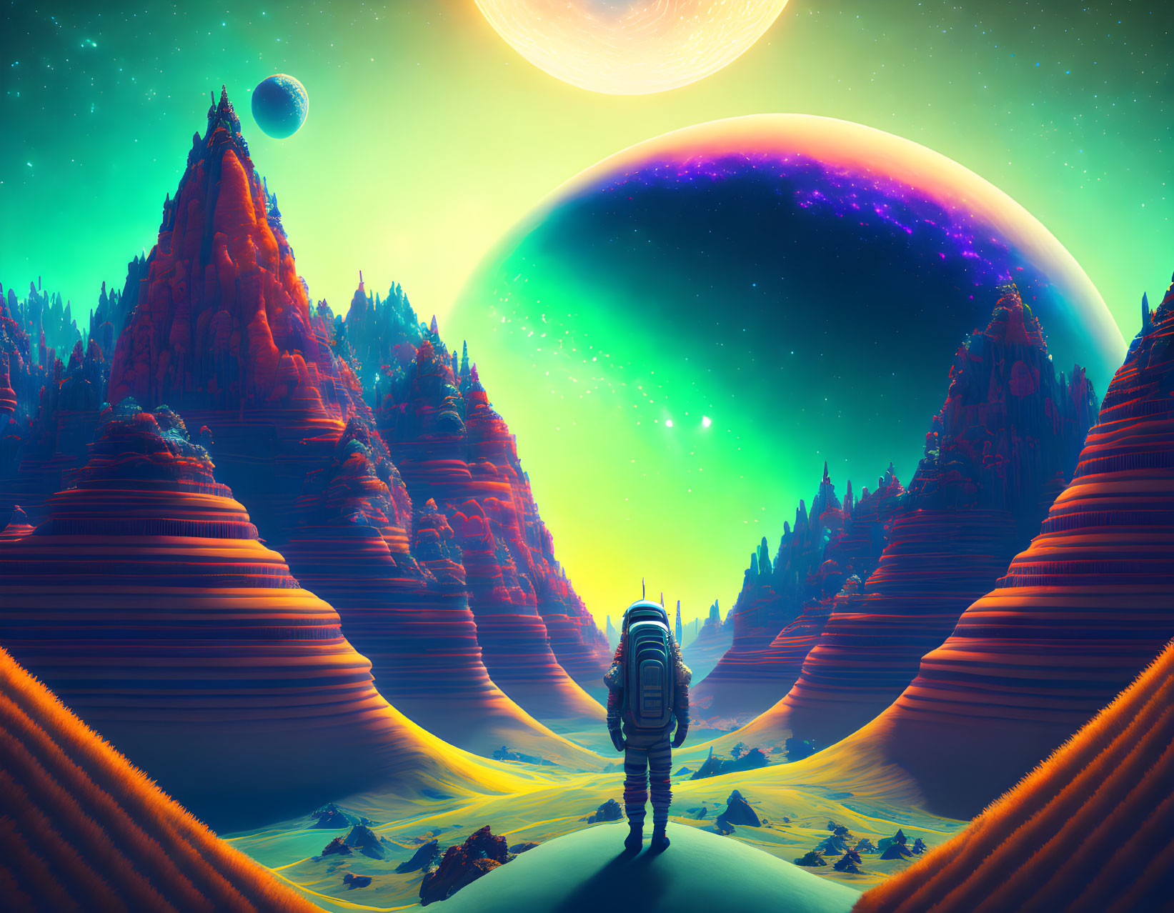 Astronaut on alien planet with orange landscapes, ringed planet, moon, and star-filled sky