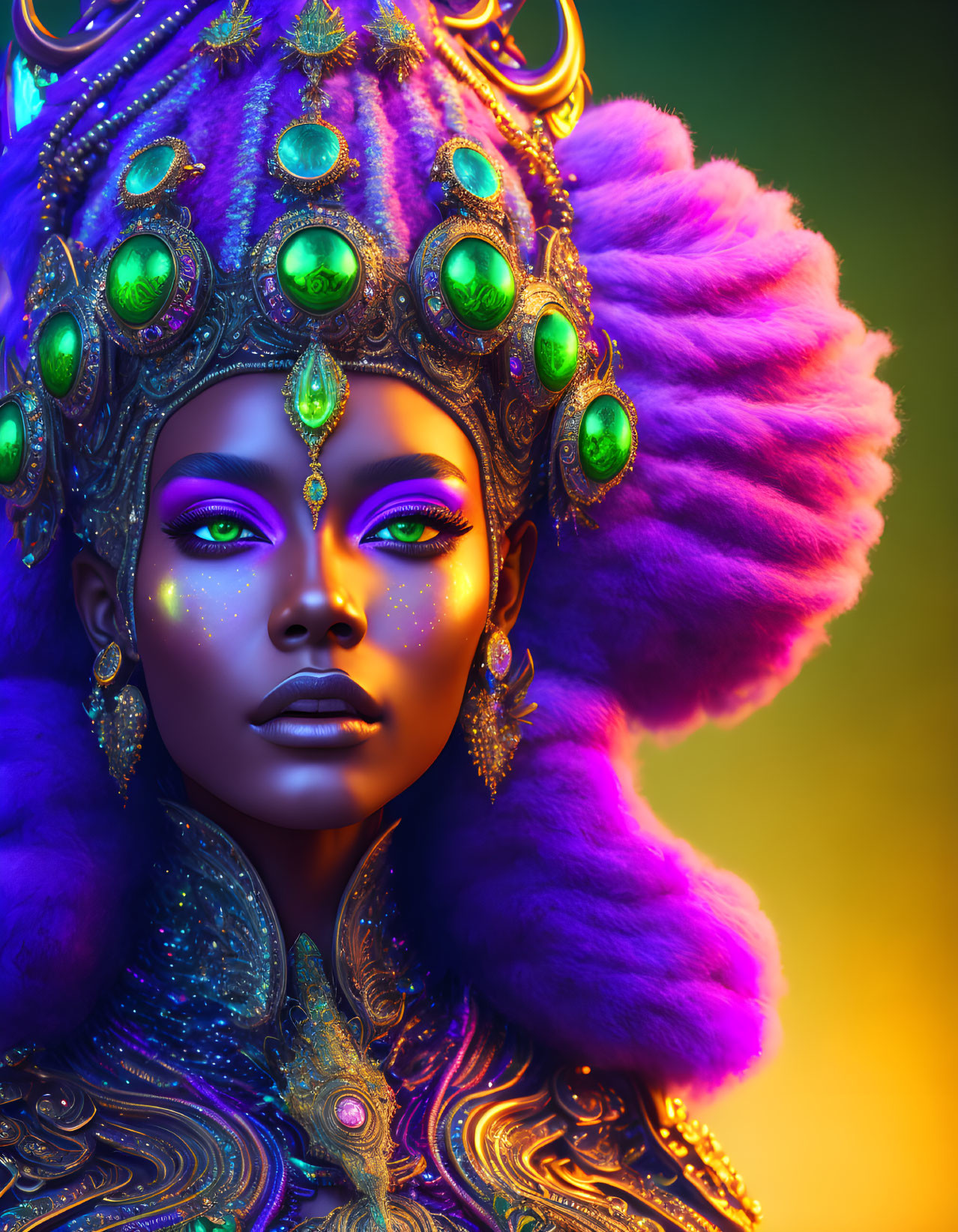 Colorful portrait of a woman with purple skin and gemstone-studded headdress.