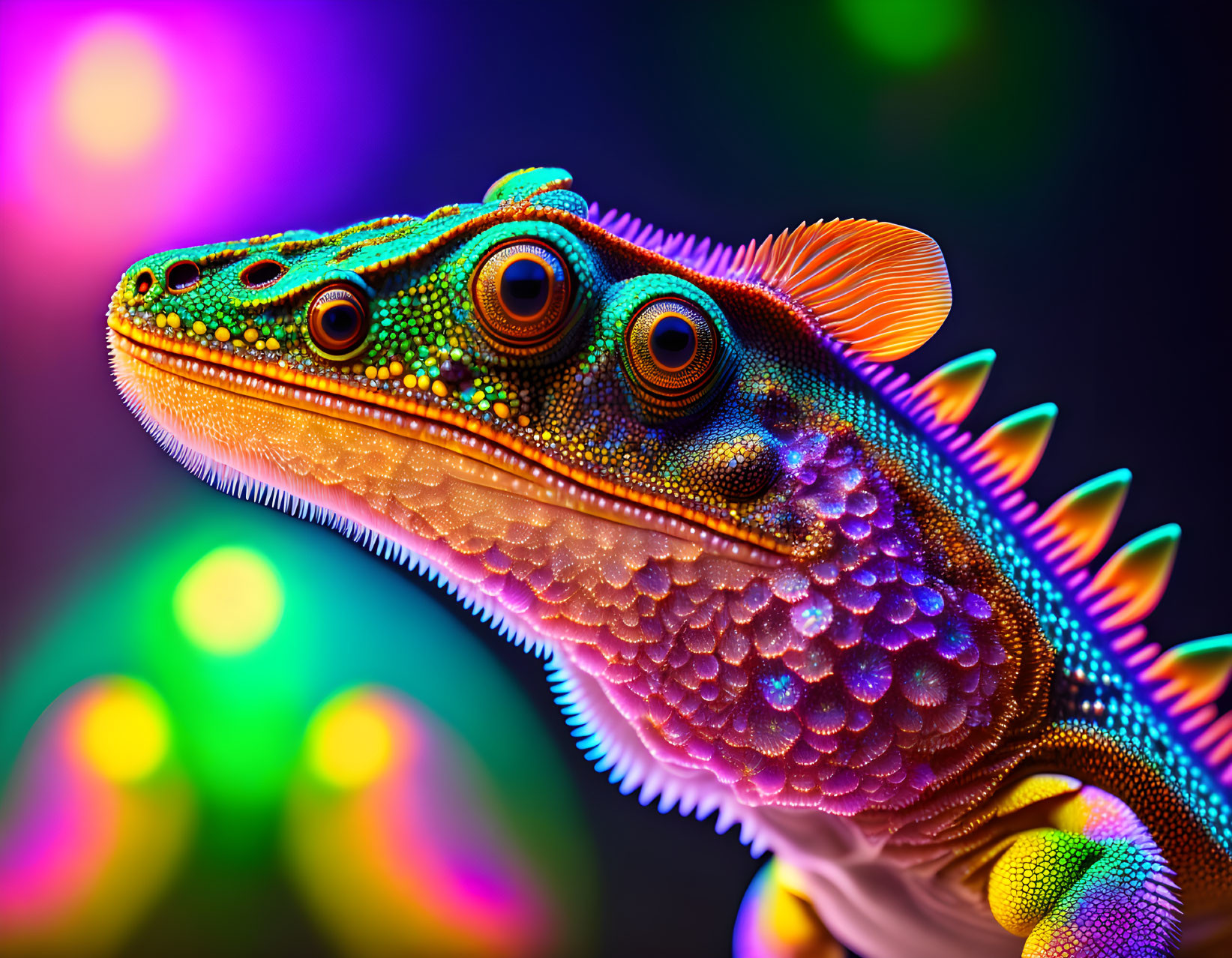 Vibrant digitally-enhanced lizard with intricate patterns and rainbow spots