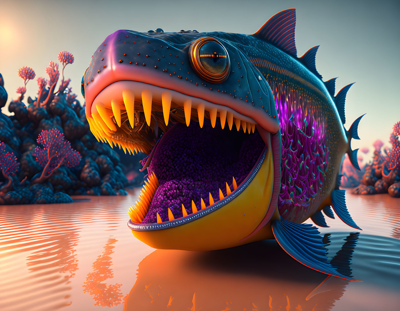 Colorful Digital Art: Oversized Fish with Sharp Teeth in Water Landscape